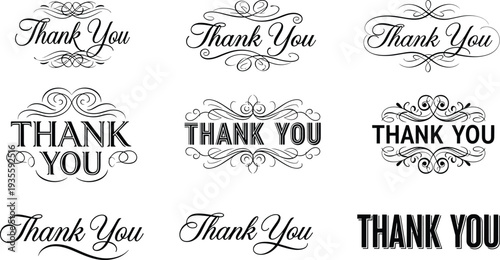 Set of elegant black thank you vector typography with decorative flourishes and calligraphy scripts for wedding cards and retail customer appreciation