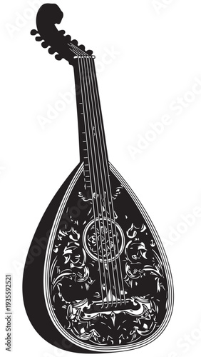 Elegant black mandolin with ornate floral inlay and intricate decorative motif.