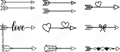 Set of decorative cupid arrows with hearts and love calligraphy for valentines day wedding invitations and romantic graphic design elements