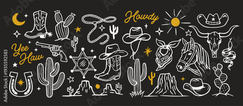 Western doodle vector set with cowboy hats, boots, cactus, horse, skull, revolver, sheriff badge, and desert elements, perfect for vintage, rustic, and Wild West designs.	