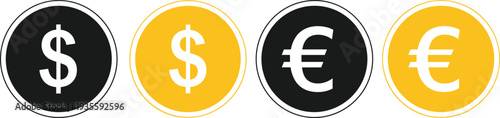 Set of gold and black currency icons featuring US dollar and Euro symbols for finance, banking, business, and global economy.