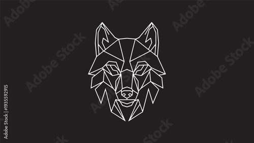 Minimal geometric wolf head logo design on dark background with white linework and outlines.
