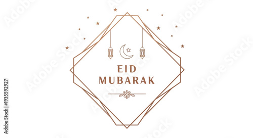 Eid Mubarak celebration with lanterns and crescent moon in geometric design