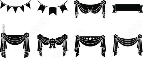 Curtain drapery icon set various swag styles and designs