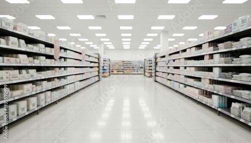 Empty modern supermarket aisle with fully stocked shelves, polished tile floor, bright diffused ceiling lights, symmetrical perspective, clean retail interior. AI generative