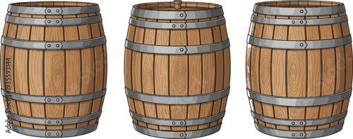 Vector illustration of three wooden barrels with iron hoops and wood grain texture isolated on a white background for storage.