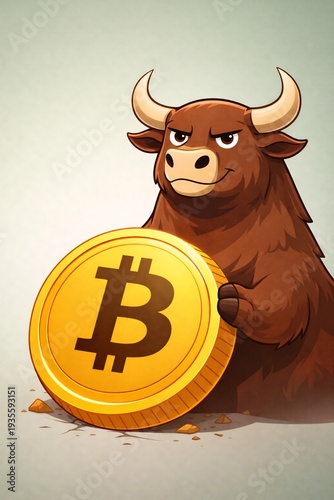 Bull and Bitcoin Cartoon Illustration for Cryptocurrency Bullish Trend and Blockchain Financial Market Concept