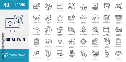 Digital twins icon set. Includes virtual model, real time data, asset management, iot integration. Outline icon set. Vector illustration with editable stroke