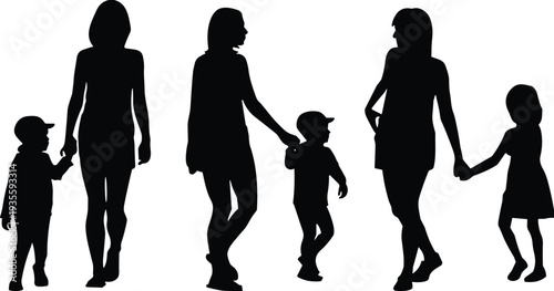 Collection of silhouettes featuring mothers walking and holding hands with their children, family bonding and childhood development vector illustration concepts,