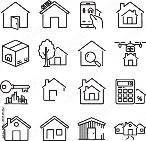 line style house icons with various objects