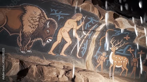 A prehistoric cave wall with paintings of buffalo, deer, and humans rendered in earth tones