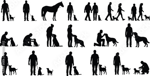 Set of silhouettes featuring people walking dogs, training pets, and standing with a horse, animal companionship and lifestyle vector concepts,