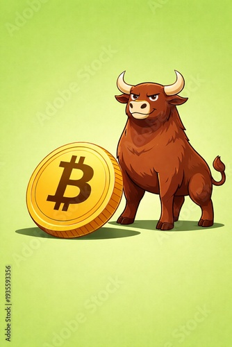 Bull with Bitcoin Cartoon Illustration for Cryptocurrency Bull Market Trend and Digital Finance Investment Concept