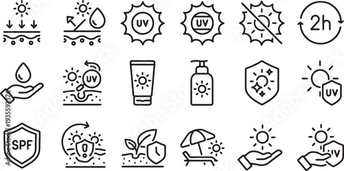 Sunscreen protection icons set for skin care and sun safety