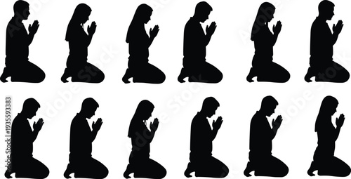 Set of men and women silhouettes kneeling in prayer, religious devotion and spiritual worship concept, isolated on a white background,