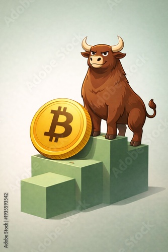 Bullish Crypto Market Cartoon Illustration with Bitcoin for Digital Asset Investment and Blockchain Economy