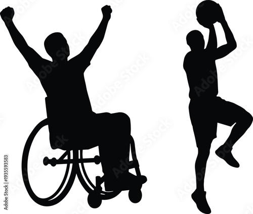 Basketball players silhouettes featuring a player in a wheelchair celebrating and a teammate jumping for a shot, sports inclusivity concept,
