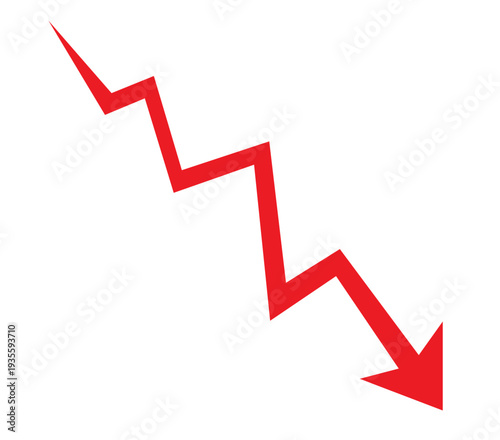 Bankruptcy and financial loss concept with red declining arrow on white