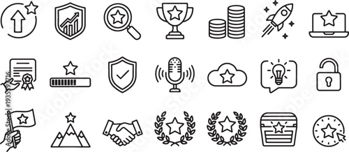 black and white line icons set for business success and achievement