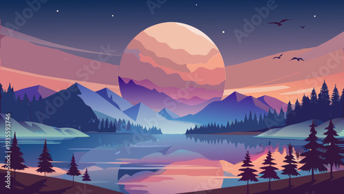 Serene twilight over mountainous landscape with ethereal glow of a dual moon