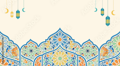 Eid Mubarak greeting card with traditional Islamic patterns and lanterns 