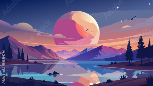 Dreamy twilight over serene lakeside landscape with mystical moonlight