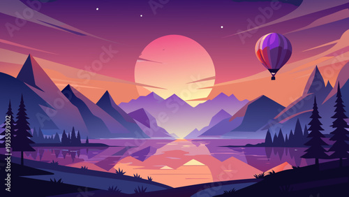 Serene twilight landscape with a glowing moon over tranquil waters and misty mountains