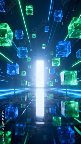 Digital tunnel with floating blue and green cubes, illuminated by neon lights and a bright central light source.