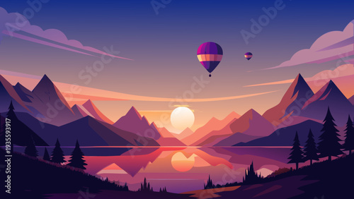 A serene sunset over mountains with a hot air balloon floating gracefully in the sky