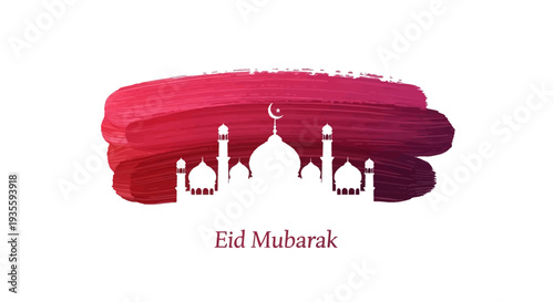 Eid Mubarak celebration with mosque silhouette and red brush stroke