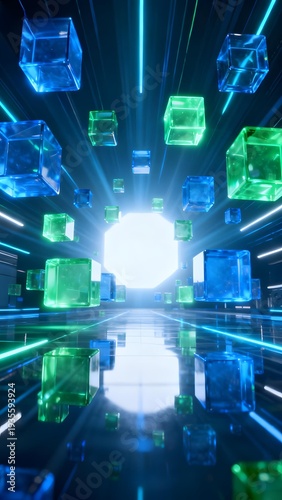 Futuristic corridor with glowing blue and green cubes floating in a high-tech tunnel illuminated by neon lights.