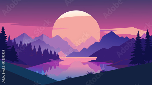 Serene twilight over a mountainous lake with a glowing moon
