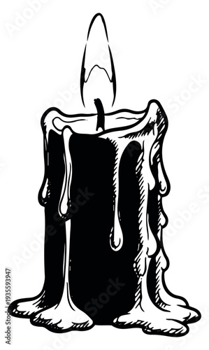 Hand drawn line art illustration of a melting candle depicting a lit flame for ambiance and decoration