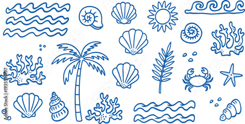 blue line drawings of beach and sea icons on white