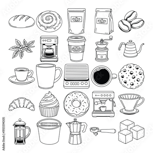 Coffee Line Icon Set, Cafe Drink and Bakery Outline Vector Collection