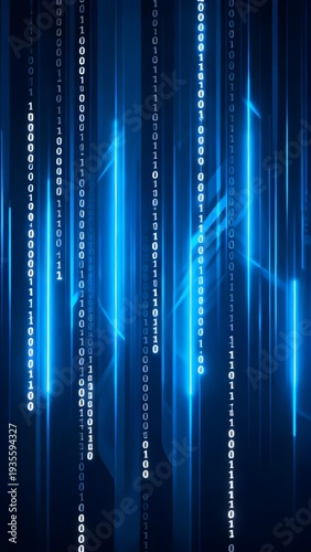 Digital binary code streaming vertically in blue light against a dark background, resembling a data matrix.