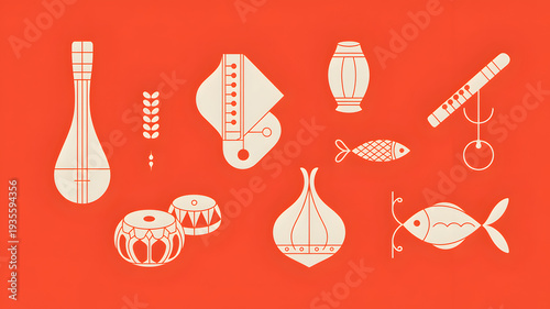 Fotografía Bengali cultural icons and symbols of celebration, on an orange background