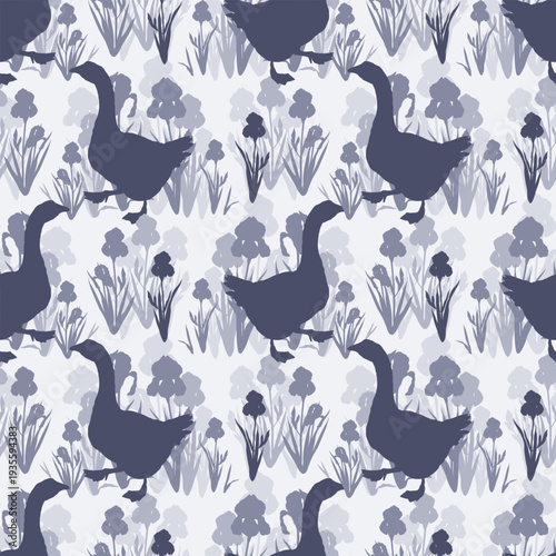 Seamless pattern with goose silhouettes and iris flowers, farm bird vector background with floral elements, rustic scandinavian style textile and wallpaper design