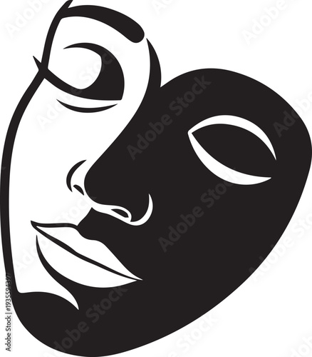 Vector illustration of a face split in two contrasting black and white halves with closed eyes isolated on white background