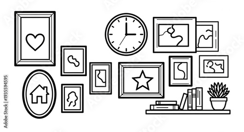 Collection of framed pictures and a clock on a wall.