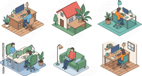 Remote work setups, home office desk, coworking space, casual laptop couch, cozy workspace, modern telecommuting lifestyle, flexible work-from-home illustration design