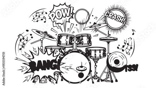 Monochrome doodle illustration of chaotic vehicle crash with comic book sound effects.