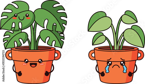 Cute houseplant characters vector illustration, happy and sad potted plants cartoon emotion concept for plant care and gardening