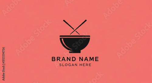 Simple black bowl with chopsticks logo template on red background.
