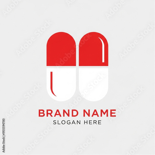 Red and White Pill Capsule Logo Design Template for Pharmaceutical Brand.