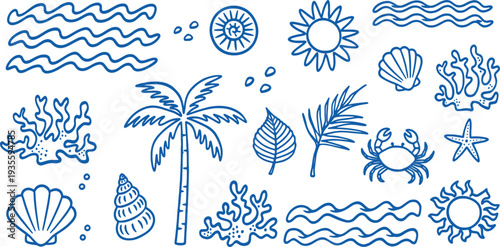 blue line drawings of beach and sea icons
