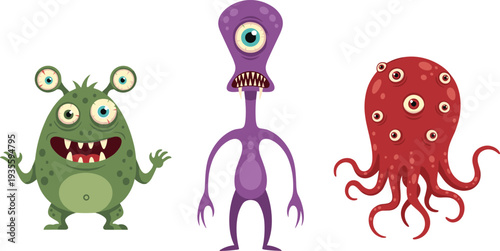 Three cartoon alien monsters, green multi-eyed creature, purple cyclops humanoid with sharp teeth, red tentacled beast with scattered eyes, fantasy sci-fi illustration