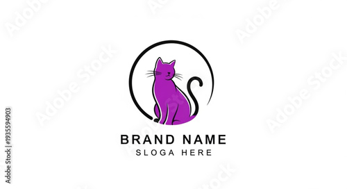 Purple cat logo design template with brand name and slogan placeholder.