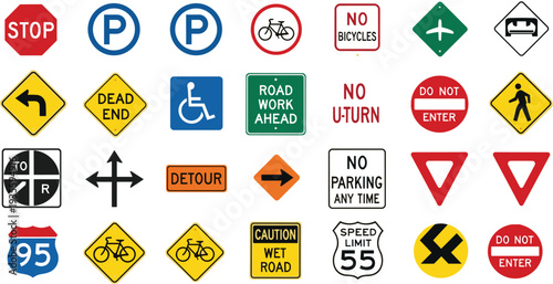 Road traffic signs collection vector, stop parking warning pedestrian bicycle speed limit and direction transportation symbol set