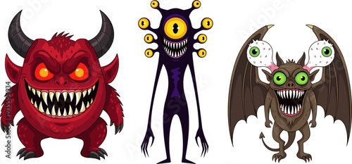 Three cartoon monsters, red horned creature with glowing eyes, purple multi-eyed monster with sharp teeth, brown winged beast with stalked eyes, fantasy horror illustration